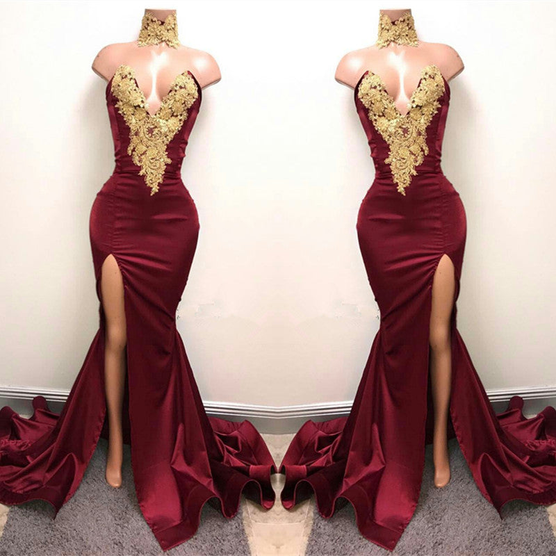 Mermaid Burgundy V-Neck Prom Dress Split with Lace Appliques