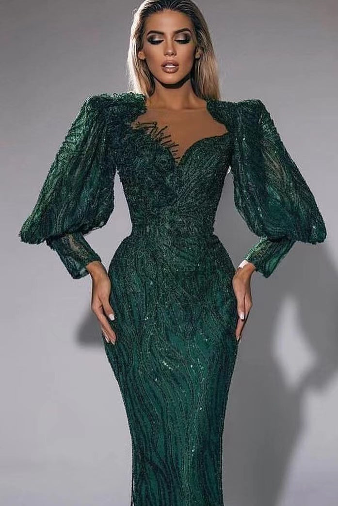 Dark Green Sweetheart Long Sleeves Mermaid Evening Dress with Sequins