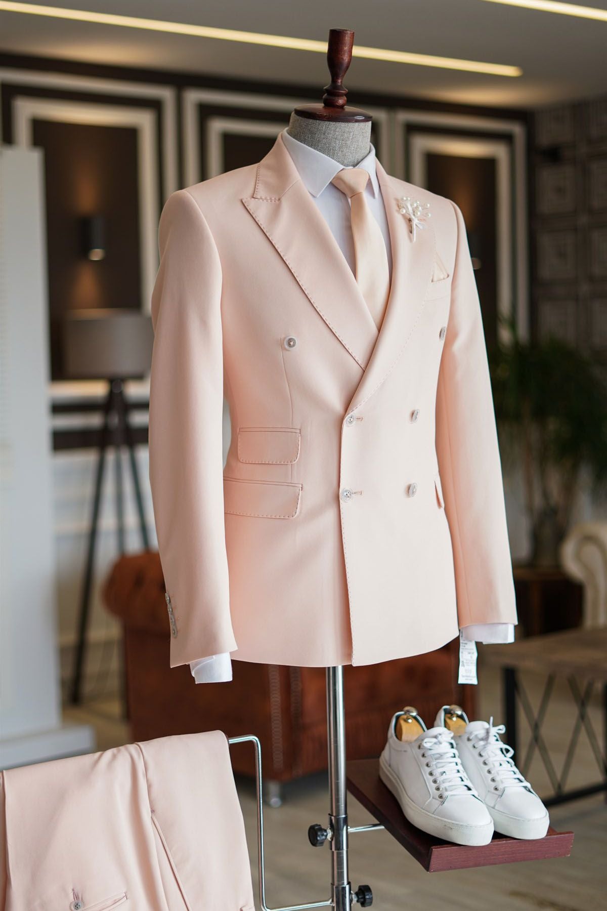 Look Gorgeous in a Pink Double Breasted Reception Suit with Peaked Lapel