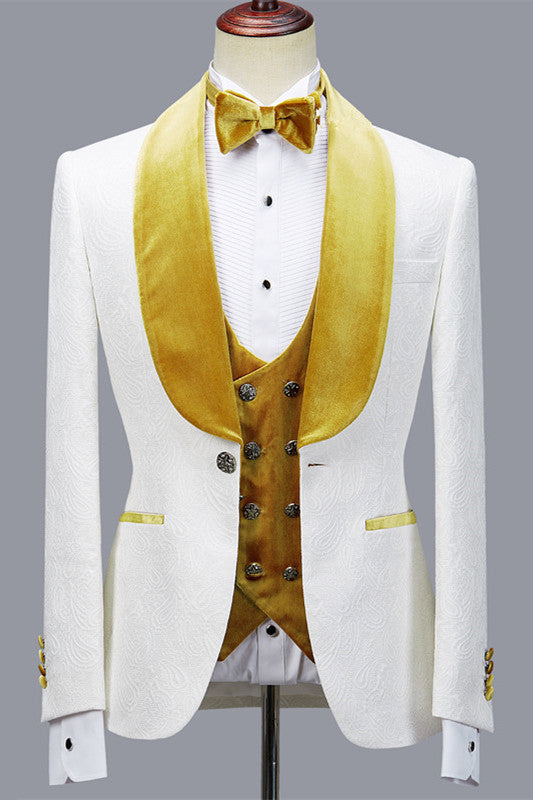 Cyrus 3-Piece White Wedding Suit with Velvet Lapel