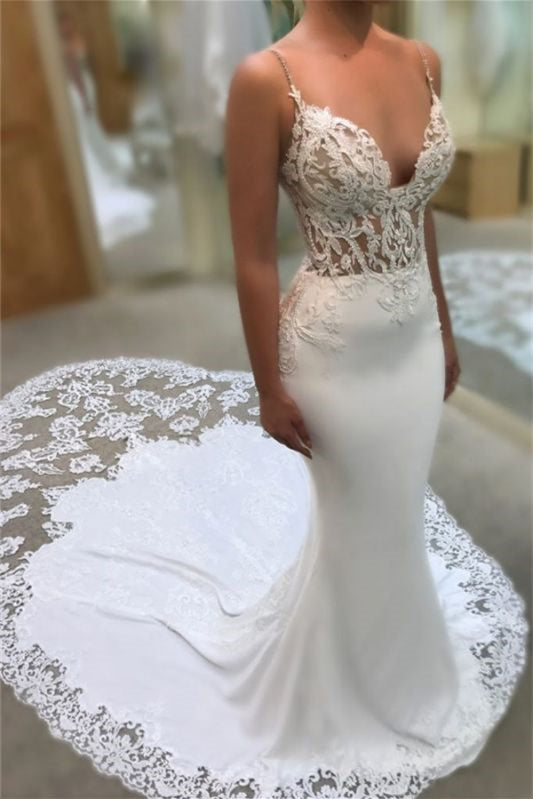 V-Neck Applique Spaghetti-Straps Mermaid Wedding Dress