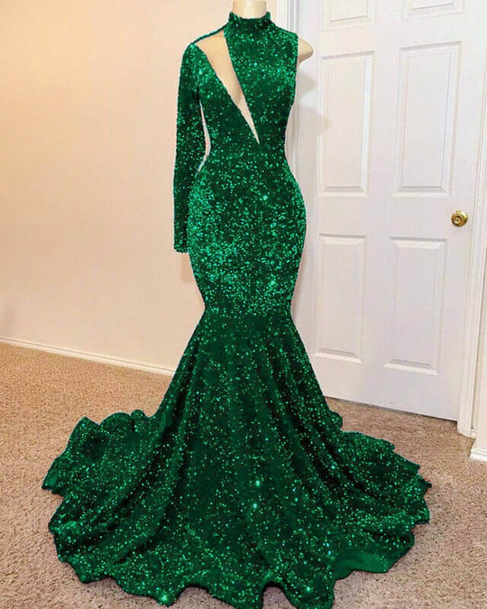 Green Mermaid High Neck Long Sleeved Prom Dress with Sequins