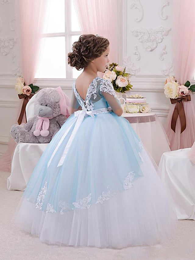 Short Sleeve Jewel Neck Flower Girl Dresses with Lace Tulle Appliques Crystals and Rhinestones