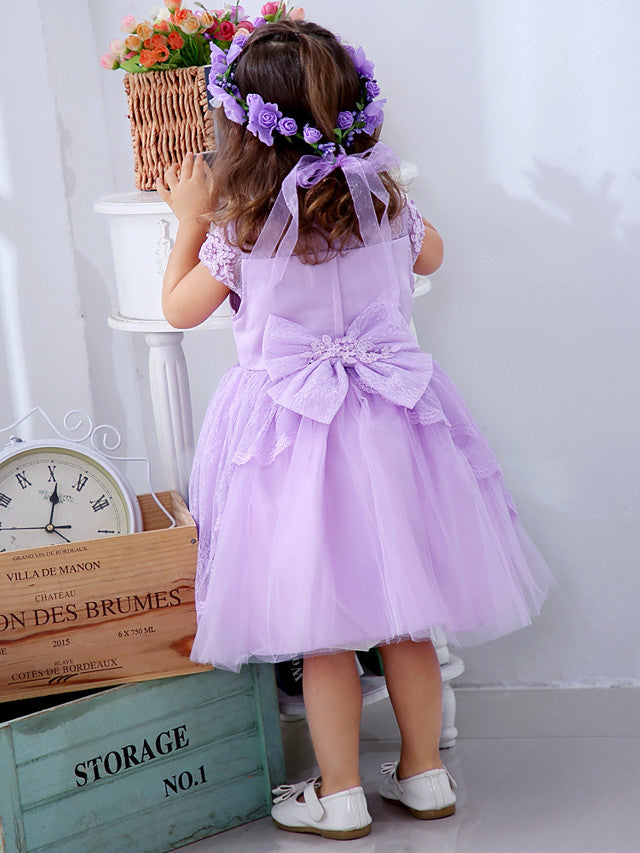 Lace Satin Tulle Flower Girl Dress with Bow Appliques | Short Sleeve Jewel Neck Ball Gown