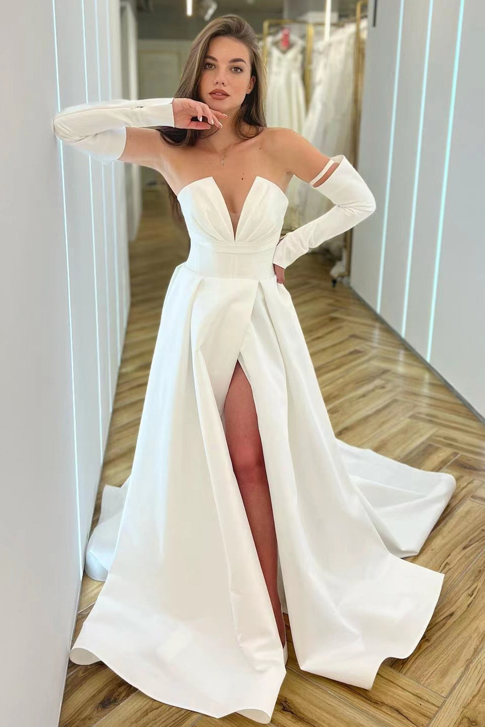 A-Line V-Neck Long Sleeved Prom Dress with Split - White