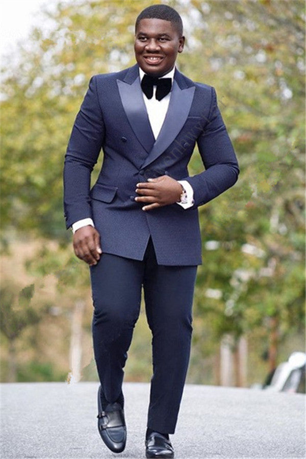 Sleek Silk Lapel Reception Suit Navy Blue Double Slim Fit with Breasted Peak