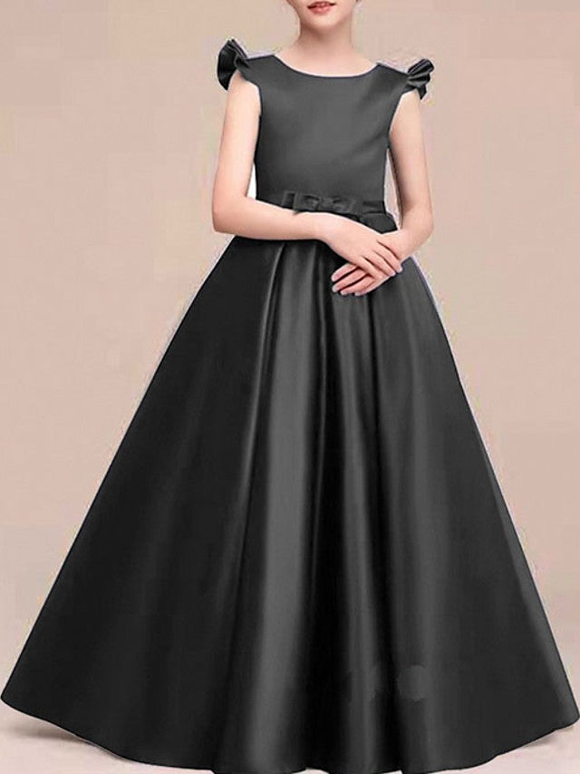 A-Line Round Neck Satin Junior Bridesmaid Dress with Bows & Ruffles