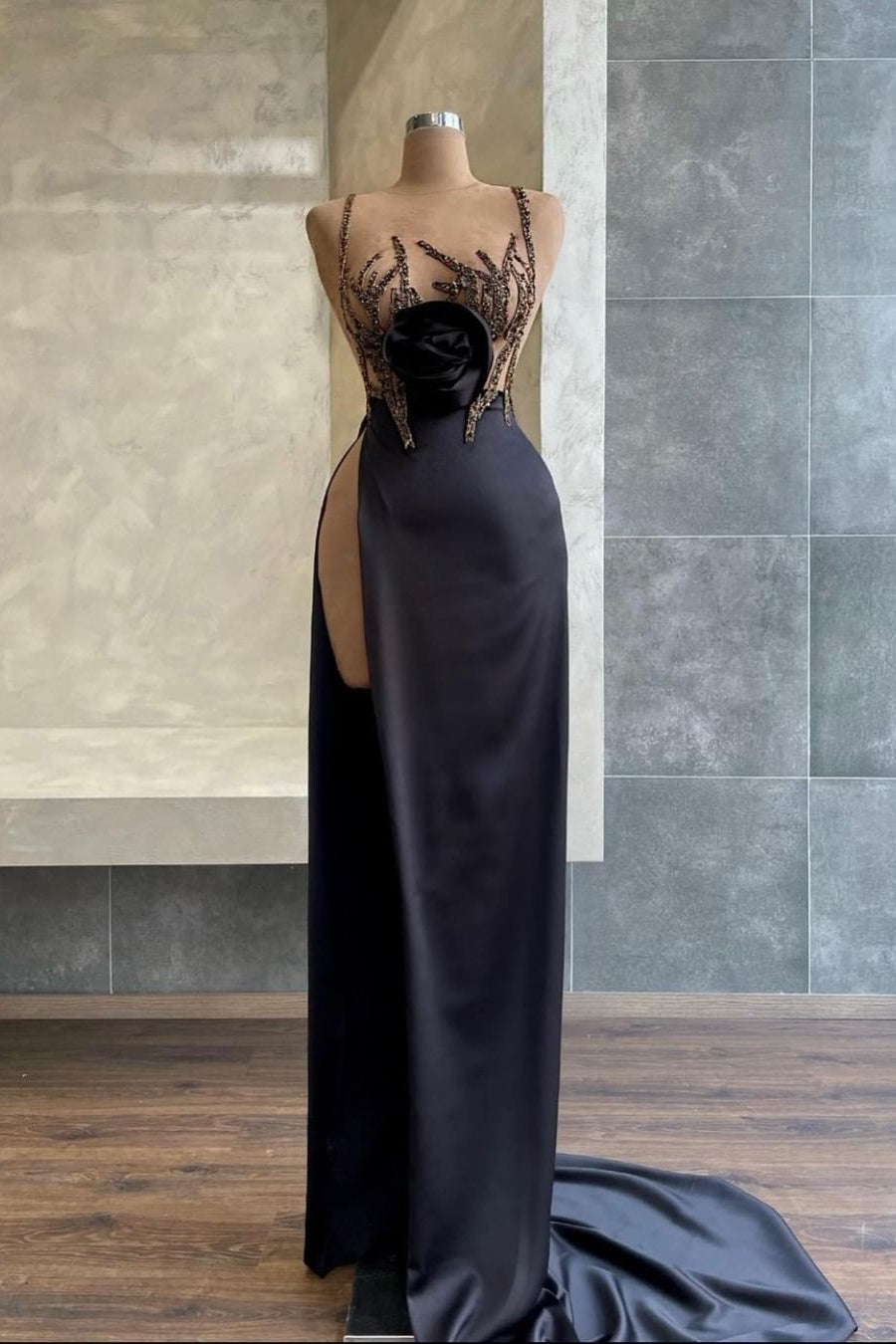 Black Mermaid Evening Dress with Slit & Beadings Sequins Spaghetti-Strap