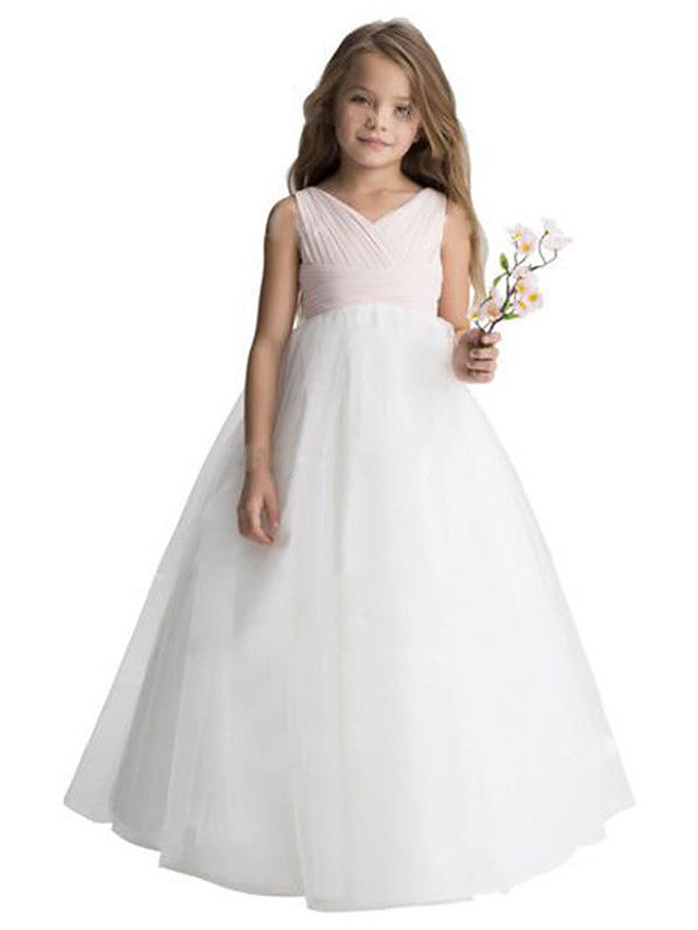 Sleeveless V-Neck A-Line Flower Girl Dress with Tulle and Ruching