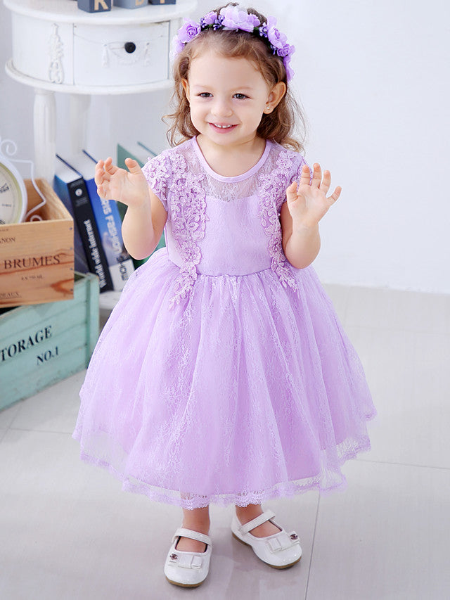 Lace Satin Tulle Flower Girl Dress with Bow Appliques | Short Sleeve Jewel Neck Ball Gown