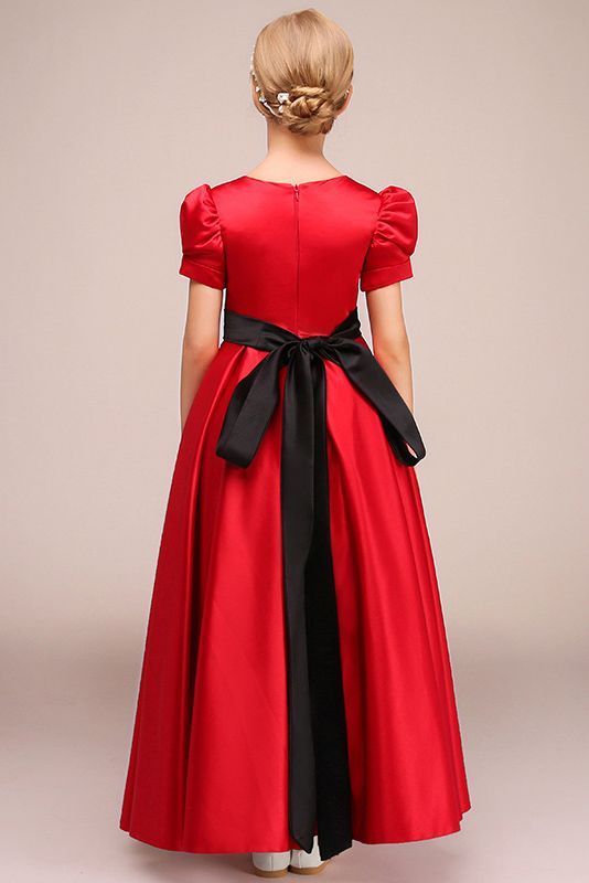 Short Sleeves Jewel Satin Flower Girl Dress with Belt