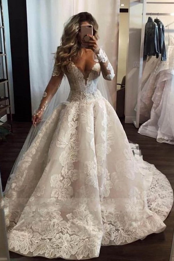 Pearl A-Line Long Wedding Dress with Appliques Lace and Sexy Deep V-neck Sleeves