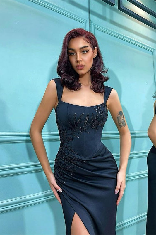 Mermaid Black Straps Prom Dress With Long Split