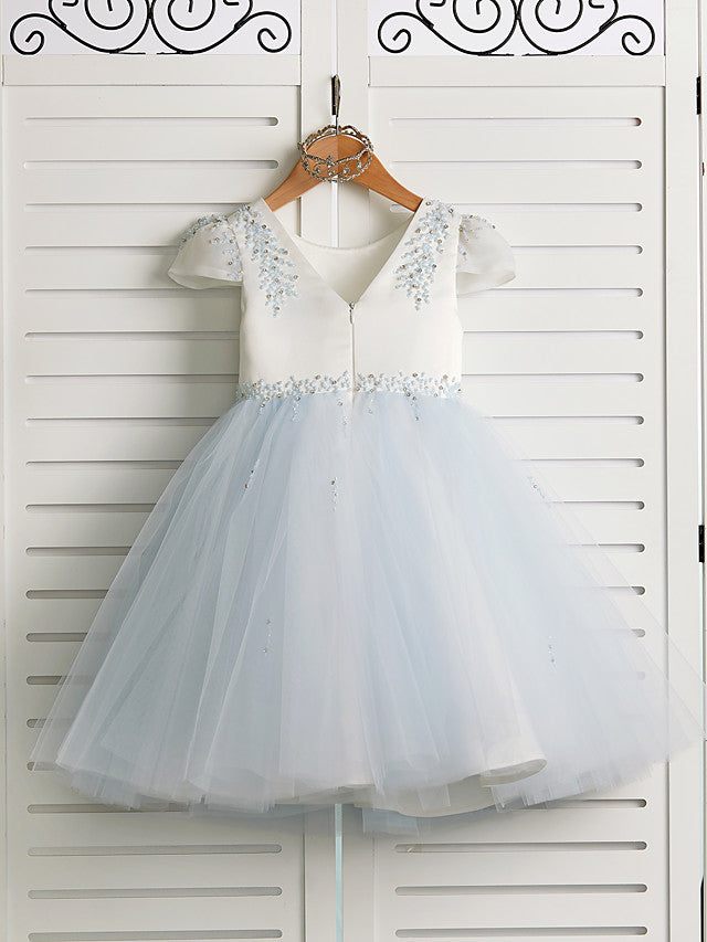 Gorgeous Cap Sleeve Jewel Neck Flower Girl Dresses Satin Tulle With Beading