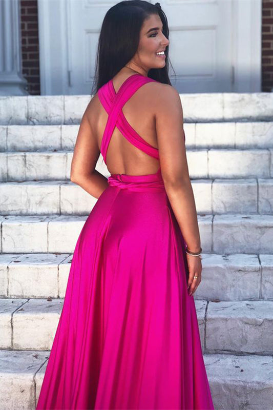 Sleeveless V Neck A-Line Prom Dress with Split - Fuchsia