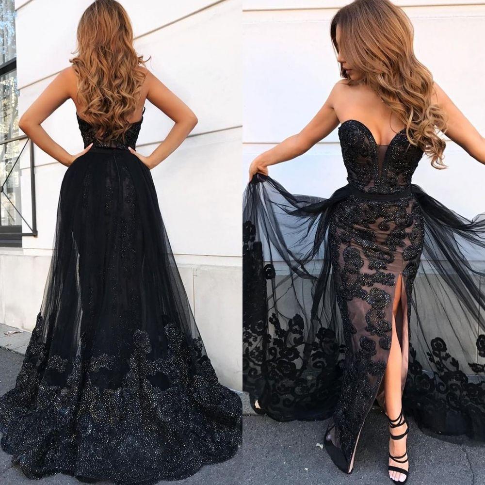 Sweetheart Split Long Lace Evening Dress With Ruffles