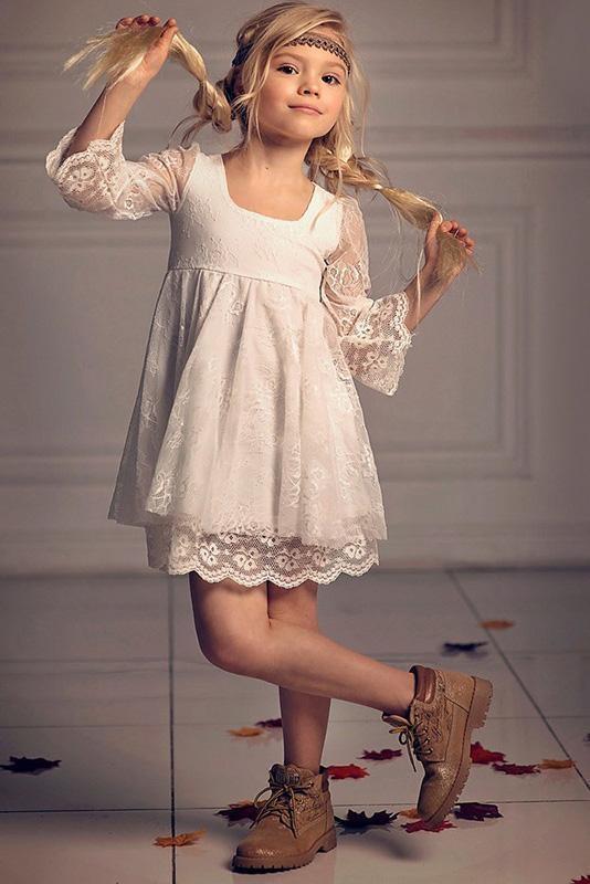 Flower Girls Dress with Lace Applique - Scoop Neck 3/4 Sleeves