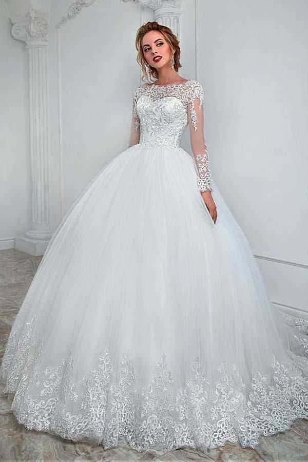 Gorgeous Ball Gown Long Sleeves Jewel Wedding Dress With Tulle Lace