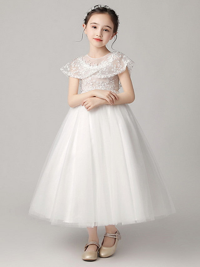 Short Sleeve Jewel Neck Flower Girl Dress With Lace