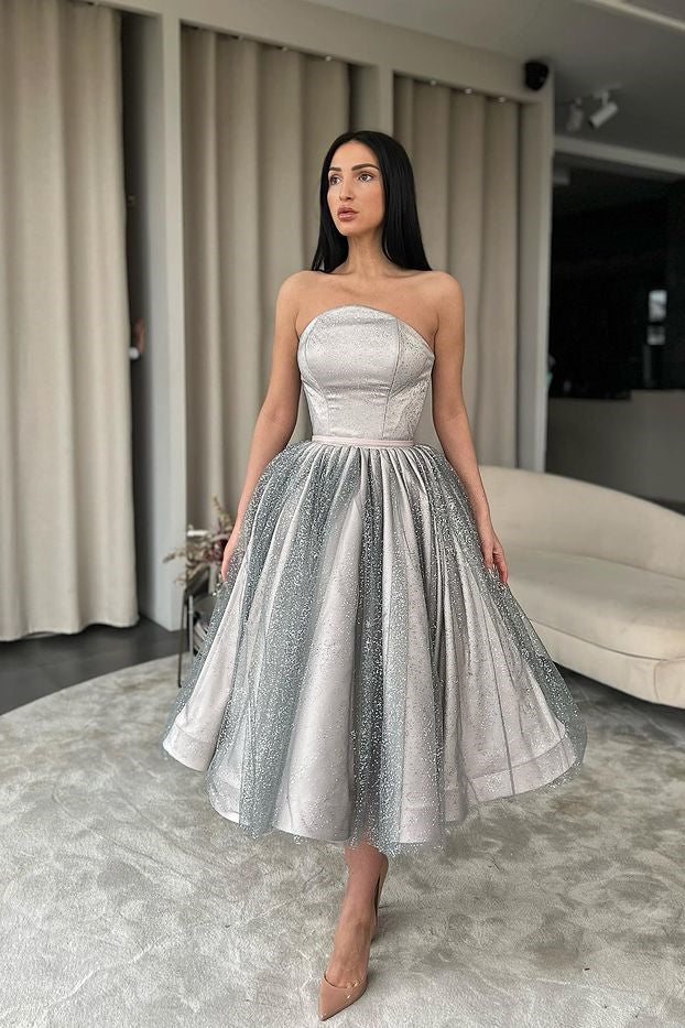 A-Line Strapless Silver Prom Dress with Sequins