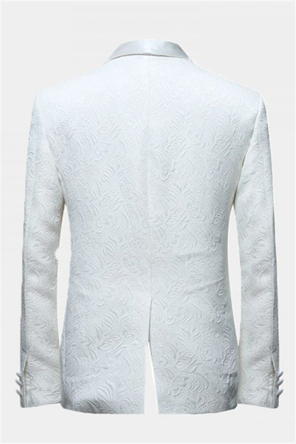 Elegant White Jacquard Groom Suits - Two Piece Shawl Lapel Wedding Men Suits