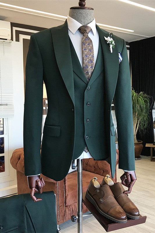 3 Pieces Dark Green Dinner Suit for Men with Peaked Lapel