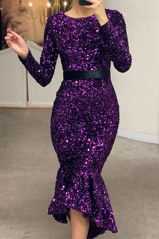 Look Radiant in the Mermaid Sequins Long Sleeves Prom Dress Online With Belt