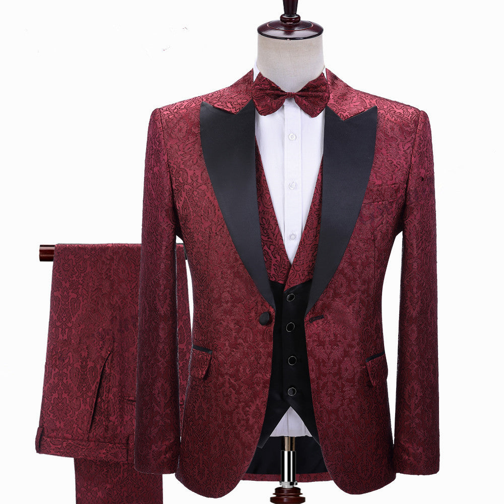 Elegant Burgundy Jacquard Wedding Tuxedo with Lapel Detail