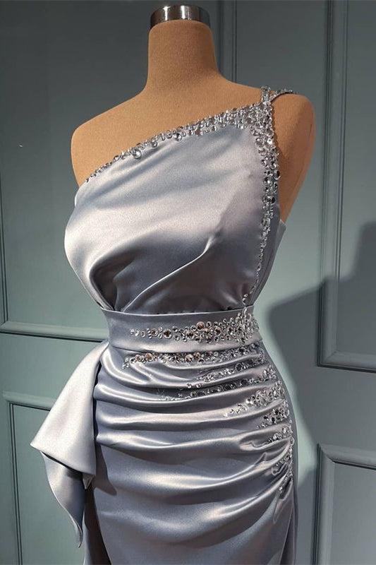 Glam Up with One Shoulder Beadings Prom Dress Shiny Sliver & Belts Online