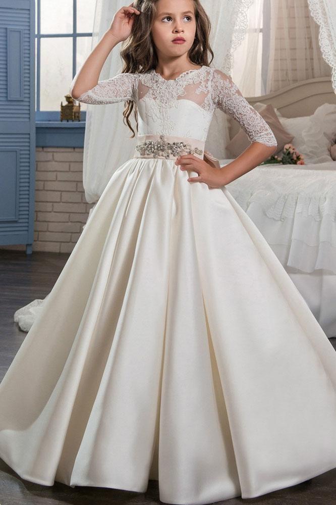 Ivory Long Sleeves Ball Gown Chiffon Lace Flower Girls Dress