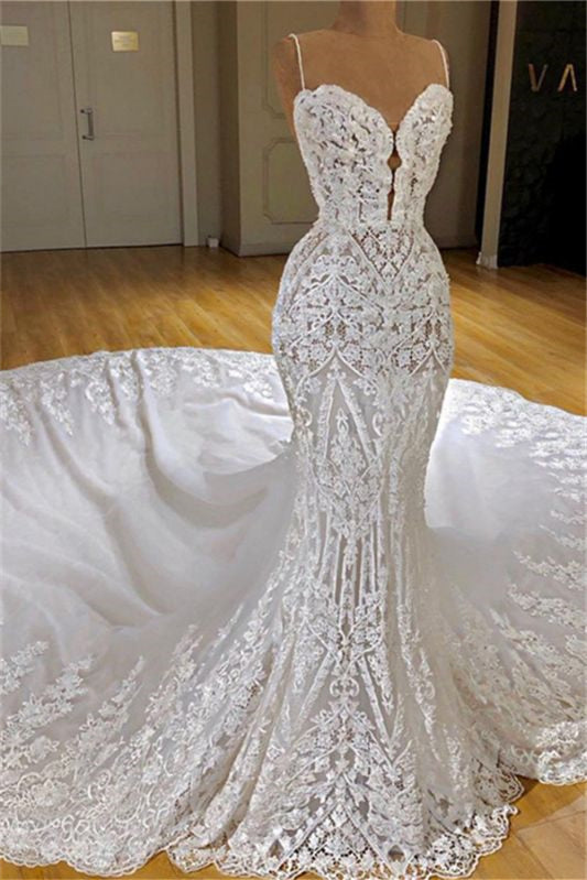 Mermaid Appliques Wedding Dress with Spaghetti-Straps Lace