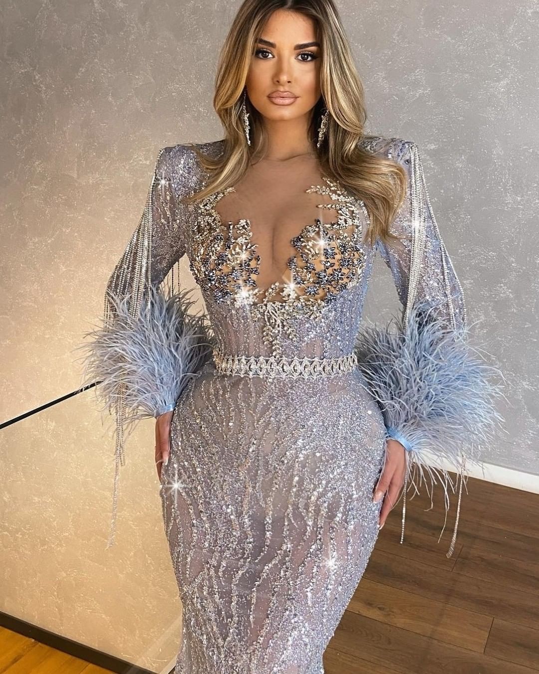 Mermaid Beaded Tassels Prom Dress with Feathers for Long Sleeves