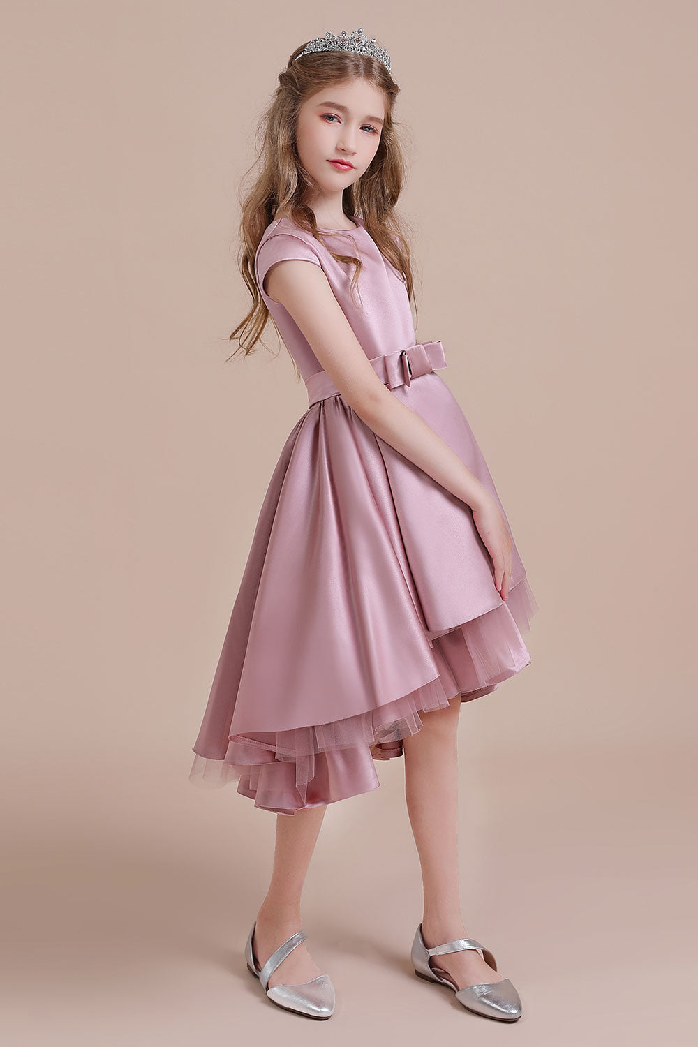 Lovely A-line Satin Hi-Lo Dusty Pink Flower Girl Dress with Cap Sleeves