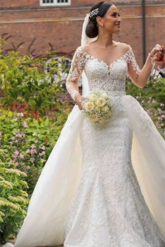 Lace Mermaid Appliques Wedding Dress with Detachable Skirt and V-Neck Long Sleeves