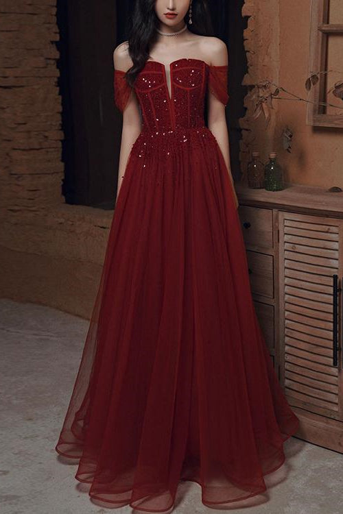 Glamorous Wine Red Off-The-Shoulder Evening Dress With Sequins Beads