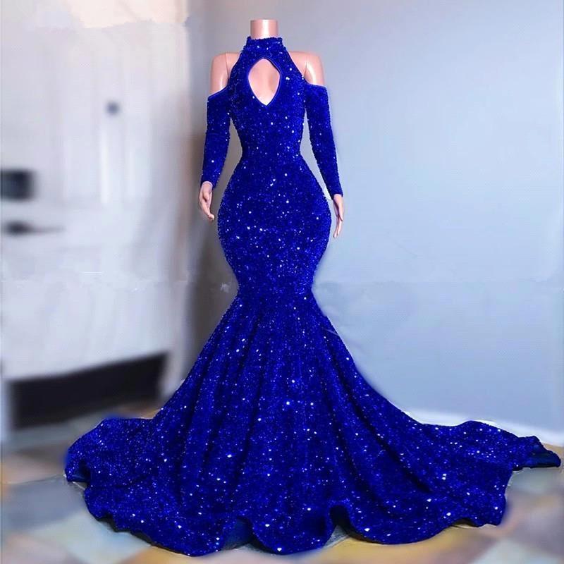 Royal Blue High Collar Mermaid Long Prom Dress With Sequins