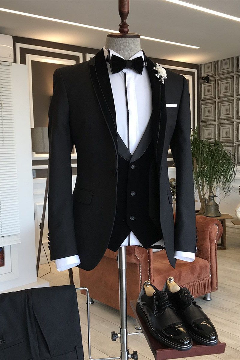 Derrick Classic 3-Piece Black Shawl Lapel Slim Fit Wedding Tuxedos for Grooms