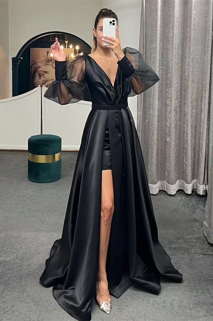 A-Line Long Puff Sleeves Slit Evening Dress