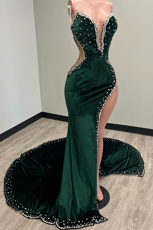 Green V-Neck Appliques Mermaid Prom Dress with Beaded Waist-Skimming Split