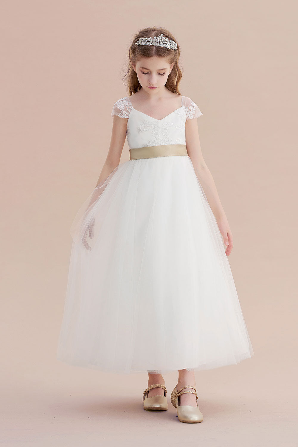 Cap Sleeve Sweetheart A-line Flower Girl Dress with Lace Ribbons and Tulle