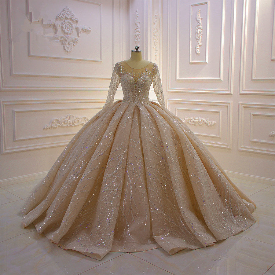 Gorgeous Bateau Long Sleeves Floor-length Ball Gown Wedding Dress with Ruffles