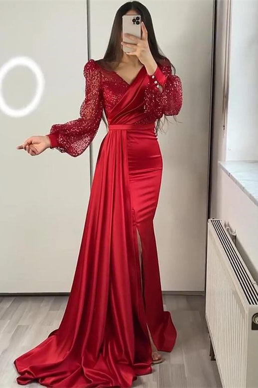 Glamorous V-Neck Long Sleeves Sequins Mermaid Split Evening Dress With Ruffle