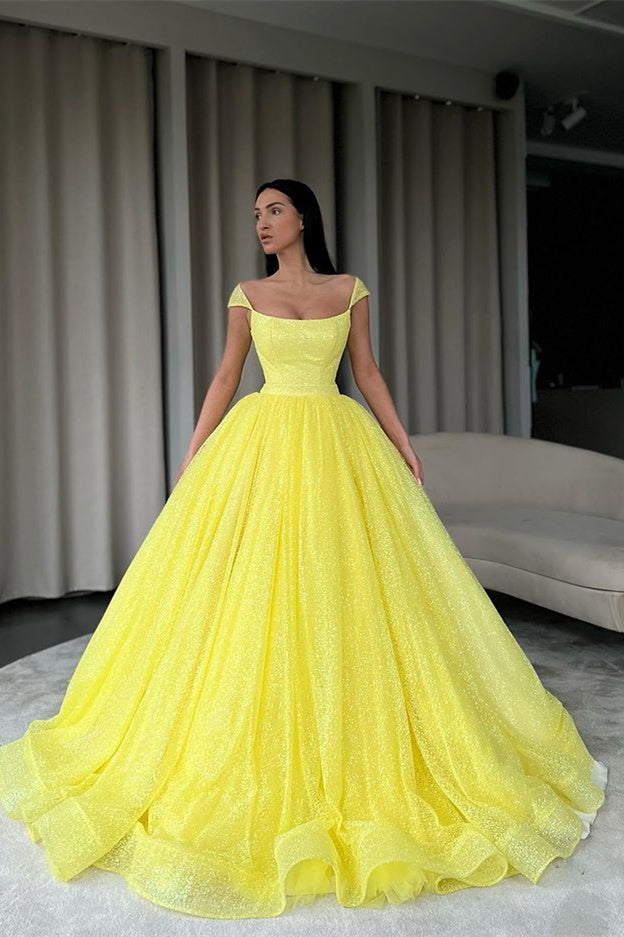 Yellow Sequins Ball Gown - Off-The-Shoulder Evening Dress