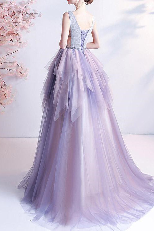 V-Neck Tulle Layered Prom Dress With Beads Online - Sleeveless Long