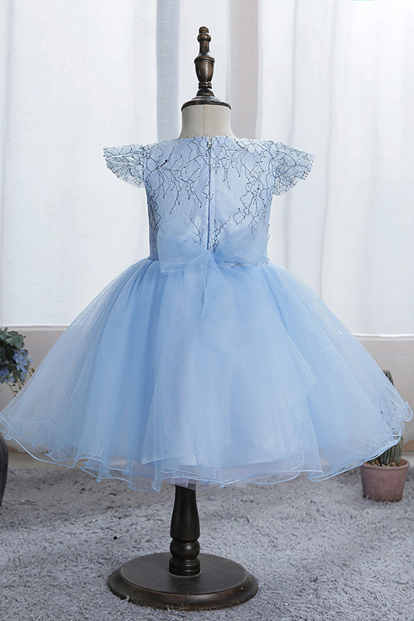 Stunning Blue Short Sleeves Jewel Flower Girl Dress with Appliques