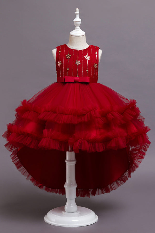 Red Tulle Belt Ruffles Flower Girl Dress with Appliques