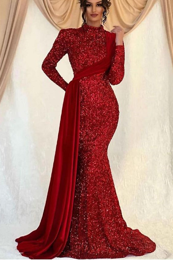 Glamorous Long Sleeves Prom Dress with Mermaid Sequins and Ruffles