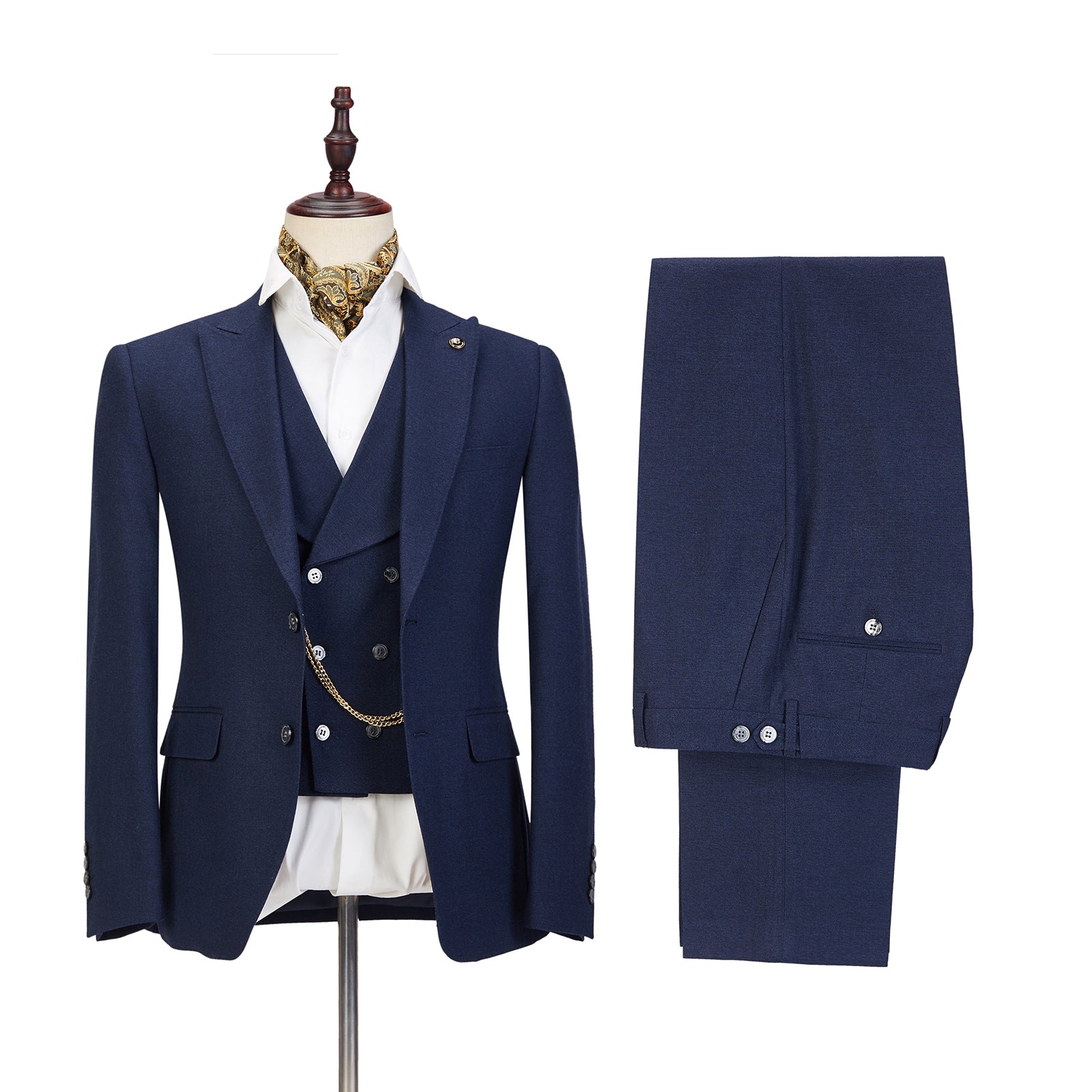 Dark Blue Three-Piece Peaked Lapel Wedding Suit For Men