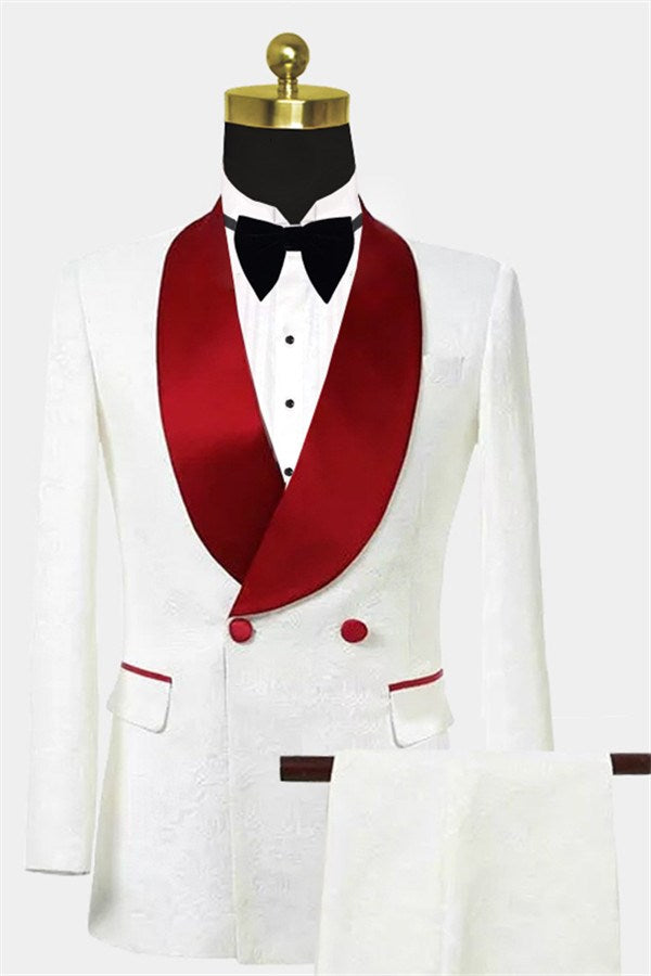 Unique Two Pieces Slim Fit Double Breasted Floral White Tuxedo for Men