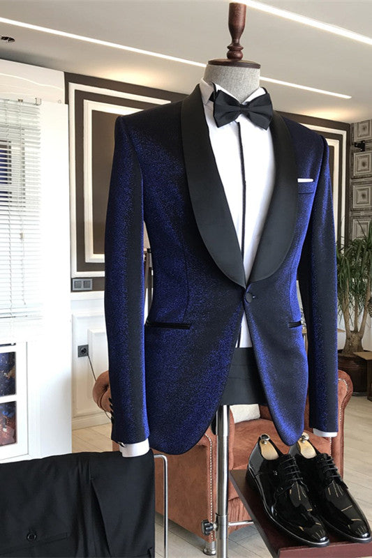 Luciano Navy Blue Sparkly Shawl Lapel Wedding Suits with Black Lapel